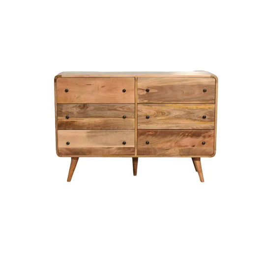 Large curved mid-century modern wooden dresser with six drawers natural wood grain and black knobs luxury furniture for modern homes