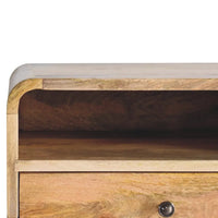 A rustic wooden large oak-ish curve upper slot floating bedside with light natural wood finish and visible grain patterns