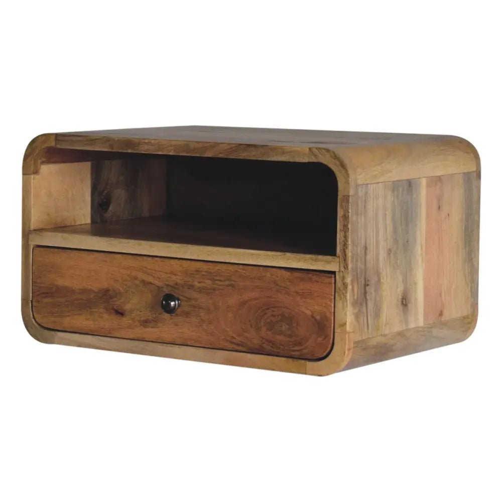 Large oak-ish curve upper slot floating reclaimed wood nightstand with single drawer and warm brown tones