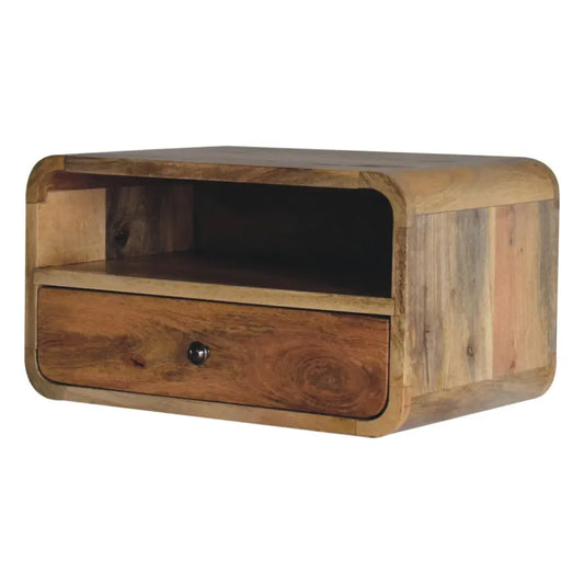 Large oak-ish curve upper slot floating reclaimed wood nightstand with single drawer and warm brown tones