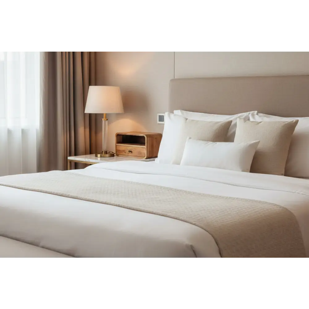 A beige plush bedspread with a subtle weave draped over a large oak-ish curve upper slot floating bedside