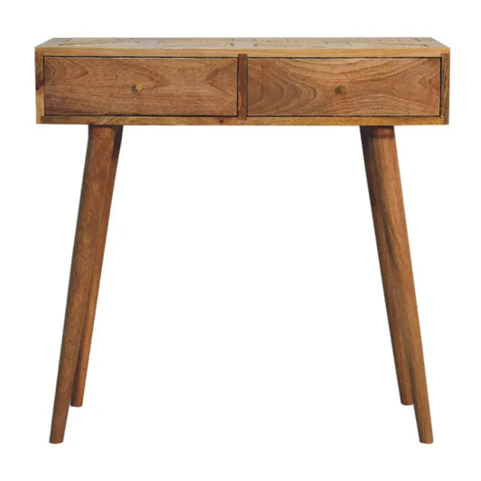 A warm-toned wooden larissa aztec console table with two drawers and tapered legs perfect for entryway storage