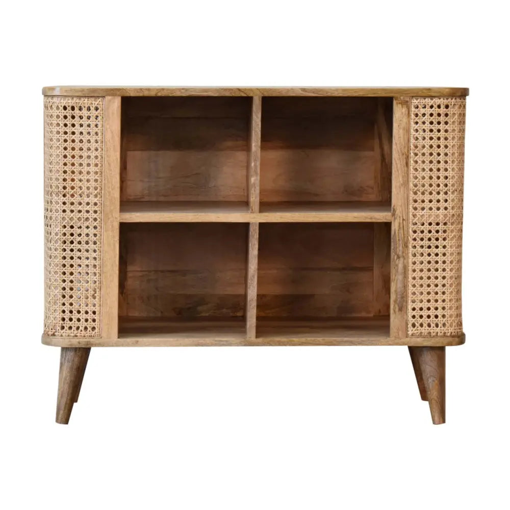 Rustic wooden larissa open double cabinet with woven cane panels and tapered legs for stylish storage
