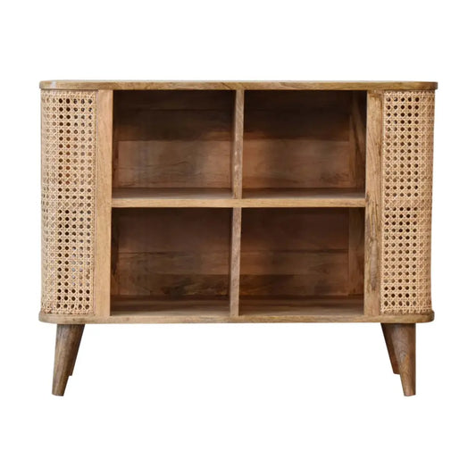 Rustic wooden larissa open double cabinet with woven cane panels and tapered legs for stylish storage