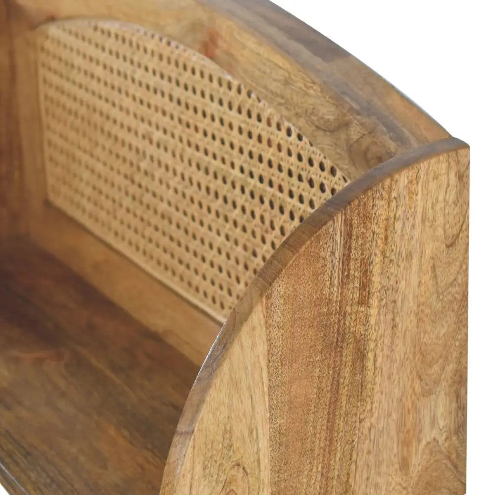 Larissa open wall curved wooden wall mounted shelf with natural finish and woven cane panel for storage and decor