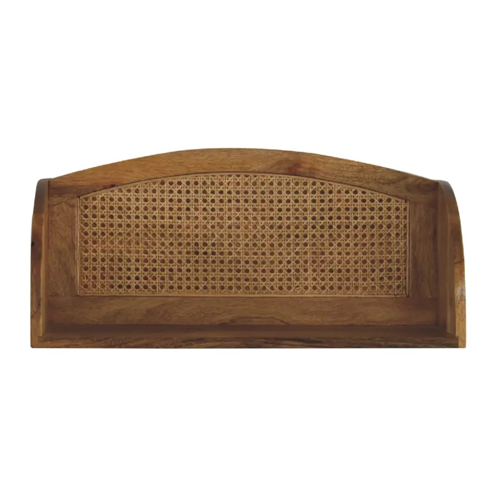Larissa open wall rustic wooden tray with curved edge and woven cane insert for wall mounted shelf display