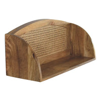 Larissa open wall mounted shelf with a rustic wooden frame, curved top, and woven cane panel mounted shelf
