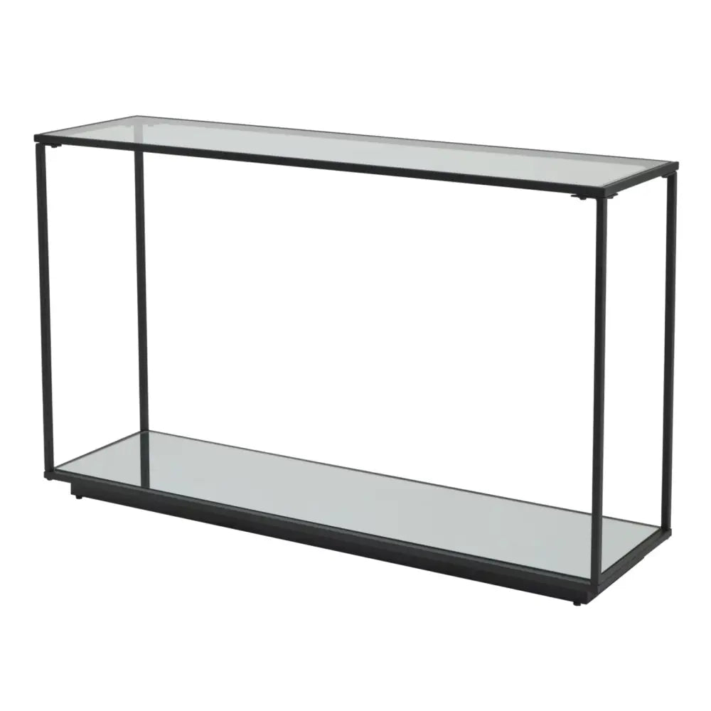 Lennox black framed console with a black metal frame and clear glass top and bottom shelf for stylish storage