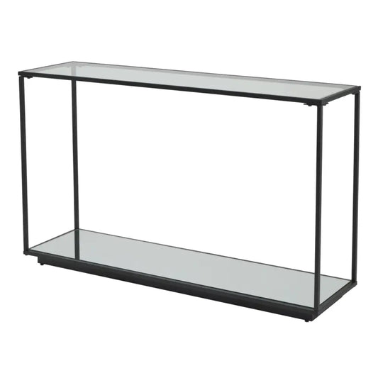 Lennox black framed console with a black metal frame and clear glass top and bottom shelf for stylish storage