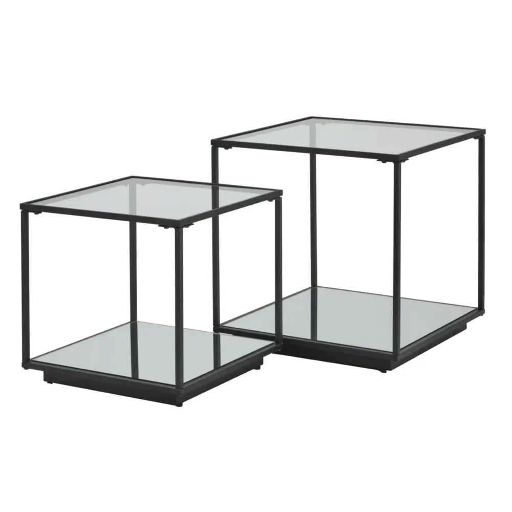 Lennox black framed set of 2 side tables with black metal frame glass top and mirrored shelves for stylish storage
