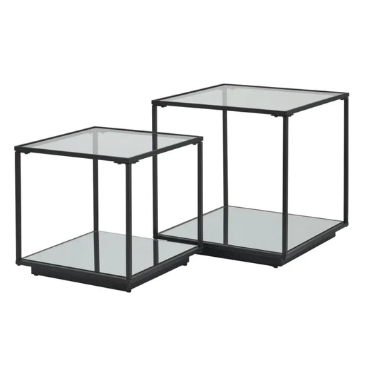 Lennox black framed set of 2 side tables with black metal frame glass top and mirrored shelves for stylish storage