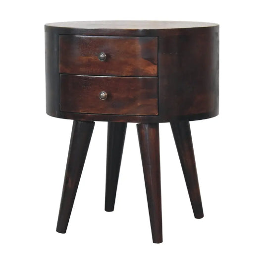 Dark brown wooden bedside table with two drawers and tapered legs for a light walnut rounded bedside look