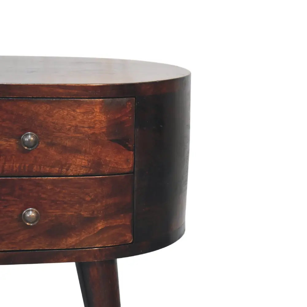 Dark brown wooden bedside table with two drawers and round metal knobs perfect as a light walnut rounded bedside table
