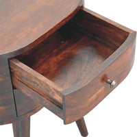 Dark brown wooden bedside table with curved drawer and metal knob in light walnut rounded bedside style