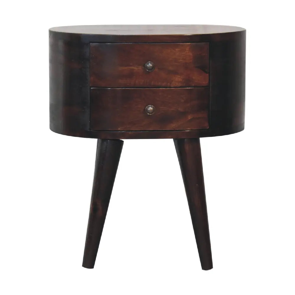 Dark wood bedside table with two drawers and tapered legs for a light walnut rounded bedside look
