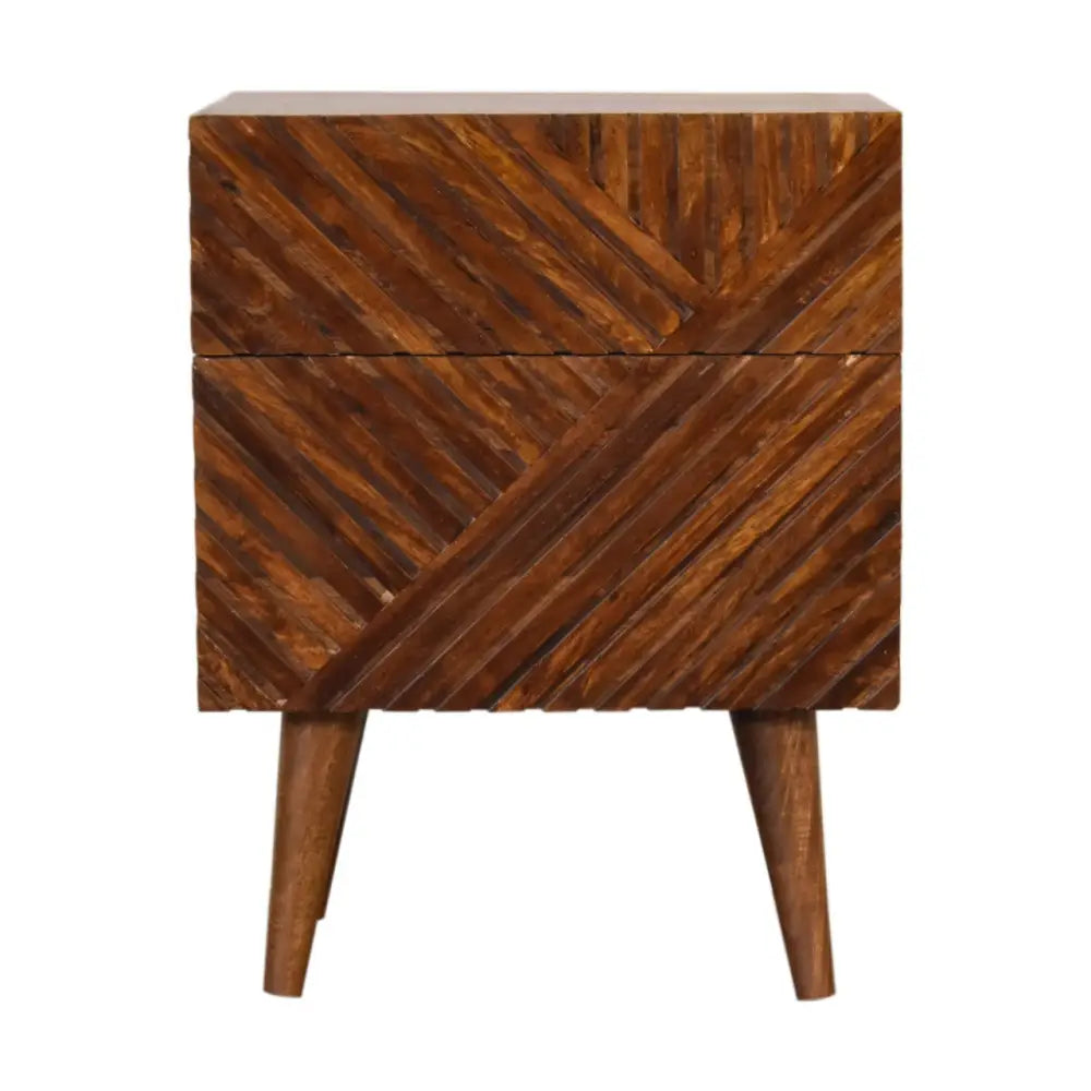 Rustic drawer chestnut bedside with herringbone pattern two drawers and tapered legs in wooden nightstand design
