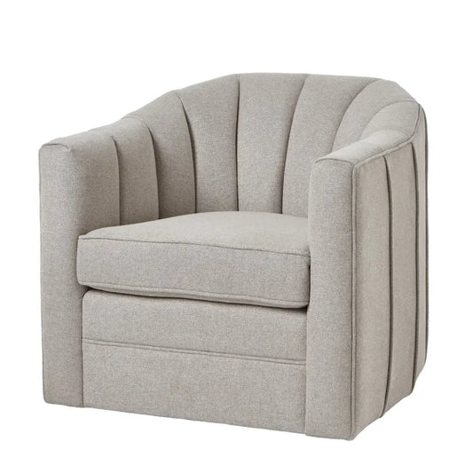 Beige upholstered lily swivel chair in oatmeal twill with vertical pleats and cushioned seat for comfy seating