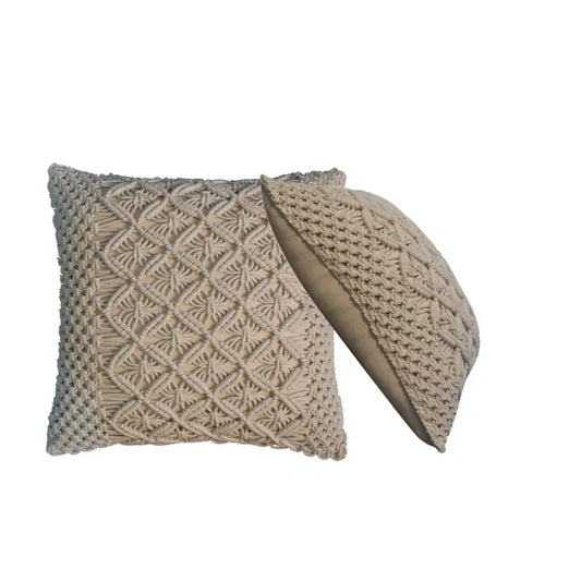 Beige macrame throw pillow from the lira cushion set with diamond pattern and soft textured fabric in cream