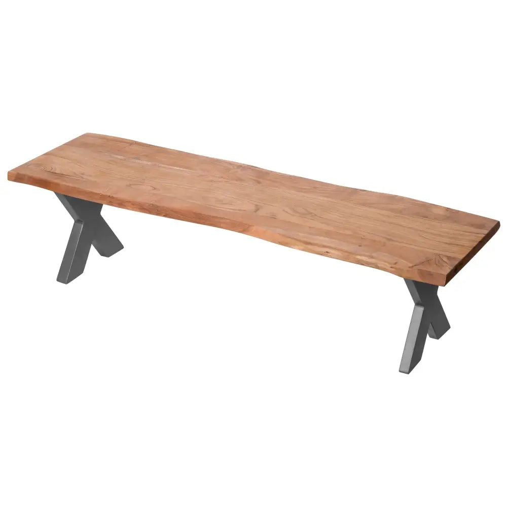 Rustic live edge collection bench with a wooden top and dark gray x-shaped metal legs for indoor or outdoor use