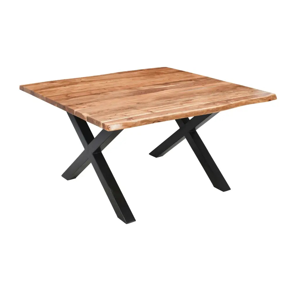 Live edge collection large square dining table with natural wood top and black x-shaped metal legs