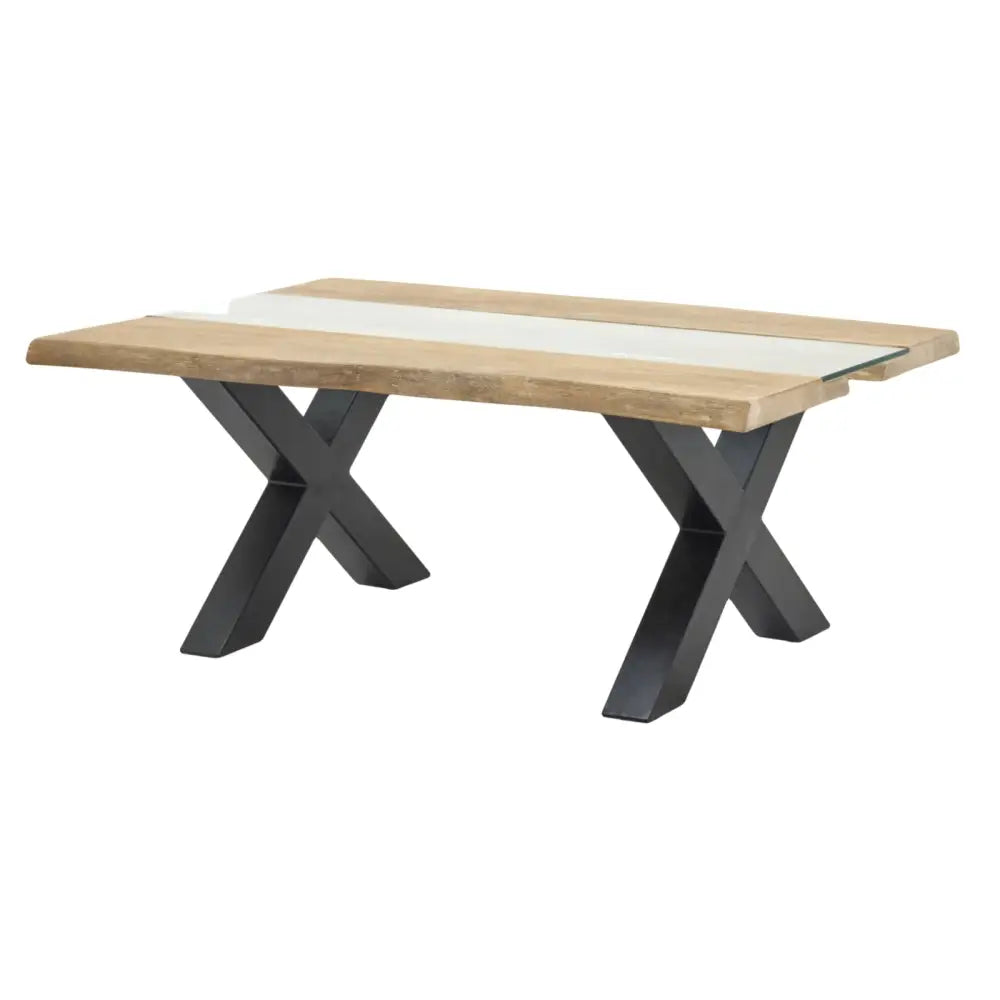Modern live edge dining table with light acacia wood top, glass strip, and black x-shaped metal legs