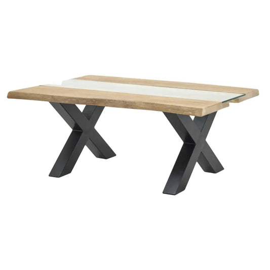 Modern live edge dining table with light acacia wood top, glass strip, and black x-shaped metal legs