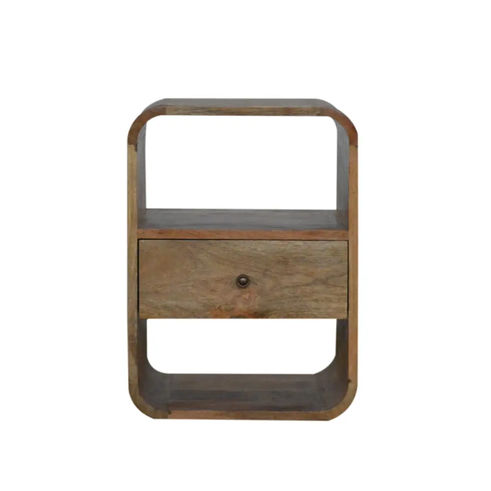 Rustic wooden london bedside nightstand with single drawer and curved edges perfect for opulent furniture setups