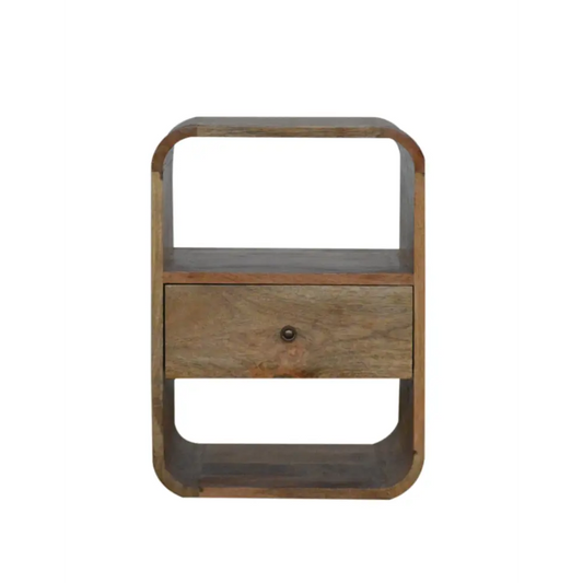 Rustic wooden london bedside nightstand with single drawer and curved edges perfect for opulent furniture setups