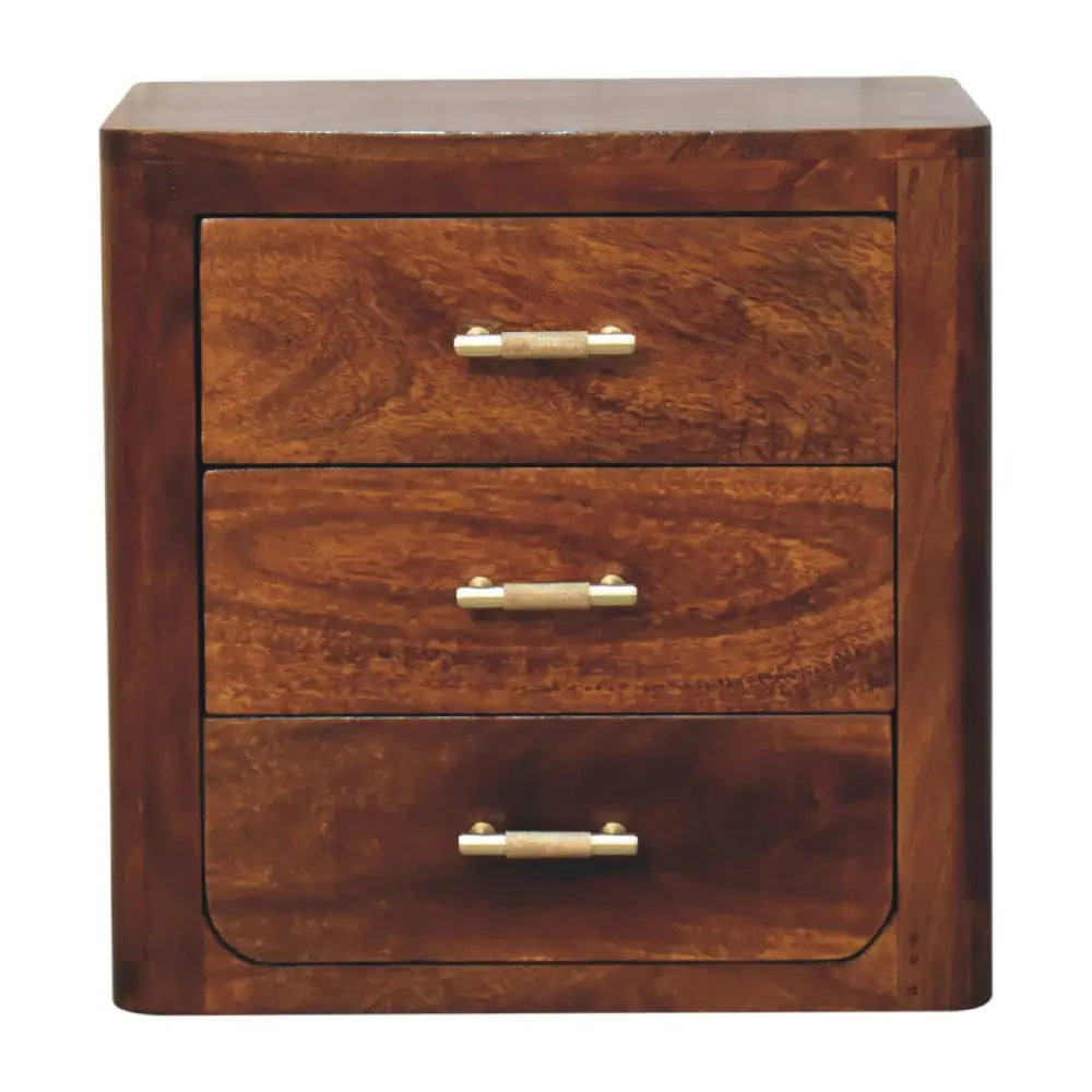 A luca bedside nightstand in dark brown wood with three drawers and brushed brass handles for stylish storage