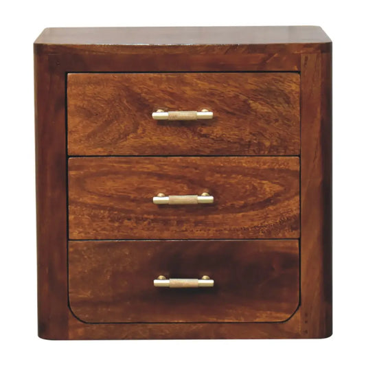 A luca bedside nightstand in dark brown wood with three drawers and brushed brass handles for stylish storage