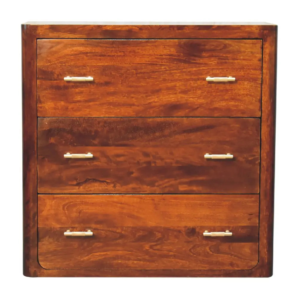Luca chest of drawers in rich warm wood with three spacious compartments and sleek metallic handles for opulent furniture