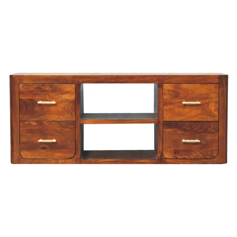 Rich brown wooden luca media unit with four drawers and two open shelves for stylish storage and display