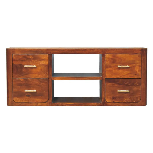 Rich brown wooden luca media unit with four drawers and two open shelves for stylish storage and display