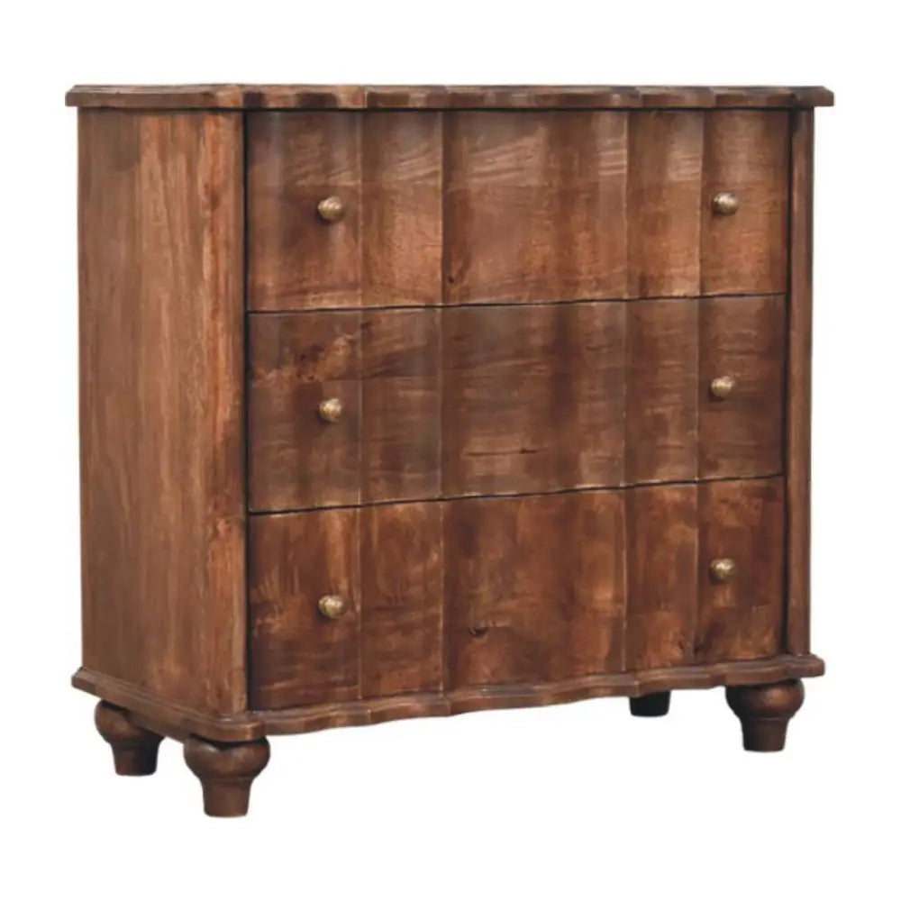 A rustic lume roasted panel chest in brown wood with three rows of drawers and brass knobs on turned legs