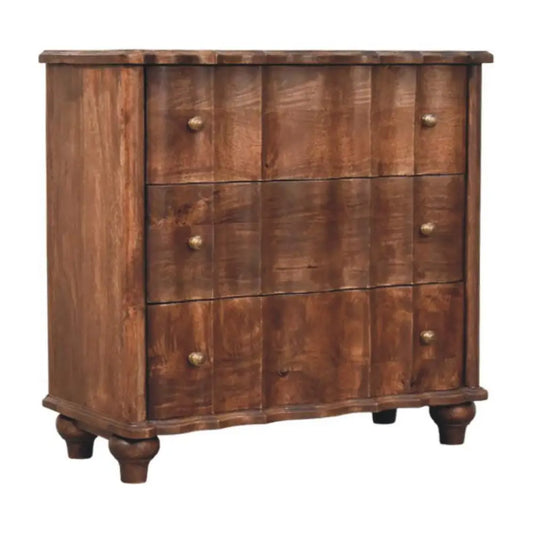 A rustic lume roasted panel chest in brown wood with three rows of drawers and brass knobs on turned legs