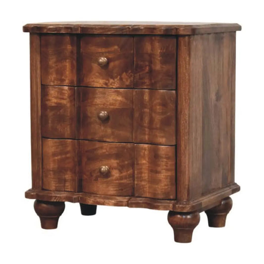 Dark brown mango wood nightstand with three drawers and round brass knobs for the lume roasted panelled bedside