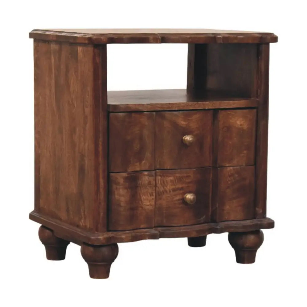 Dark brown solid mango wood lume roasted shelf bedside table with two drawers and rounded ball feet