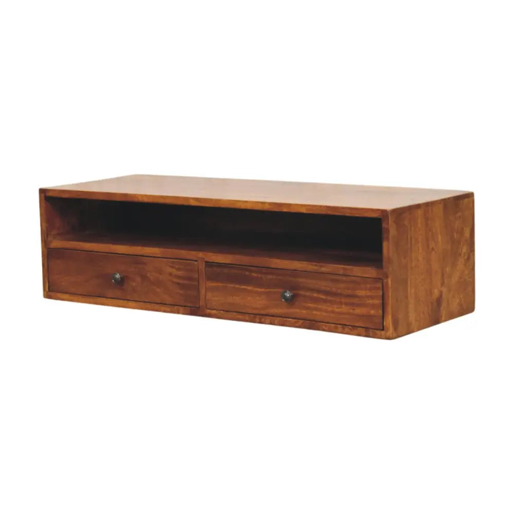 Warm-toned chestnut media unit with two drawers and open shelf made from solid mango wood for wall mounting