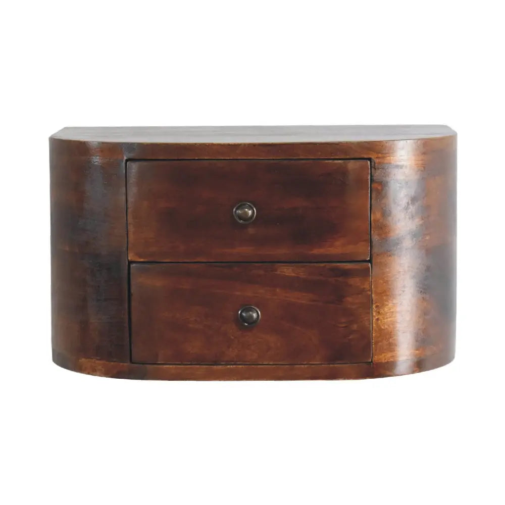 Dark brown wooden lunar 2 drawer floating bedside with two drawers and round metal knobs for bedroom storage