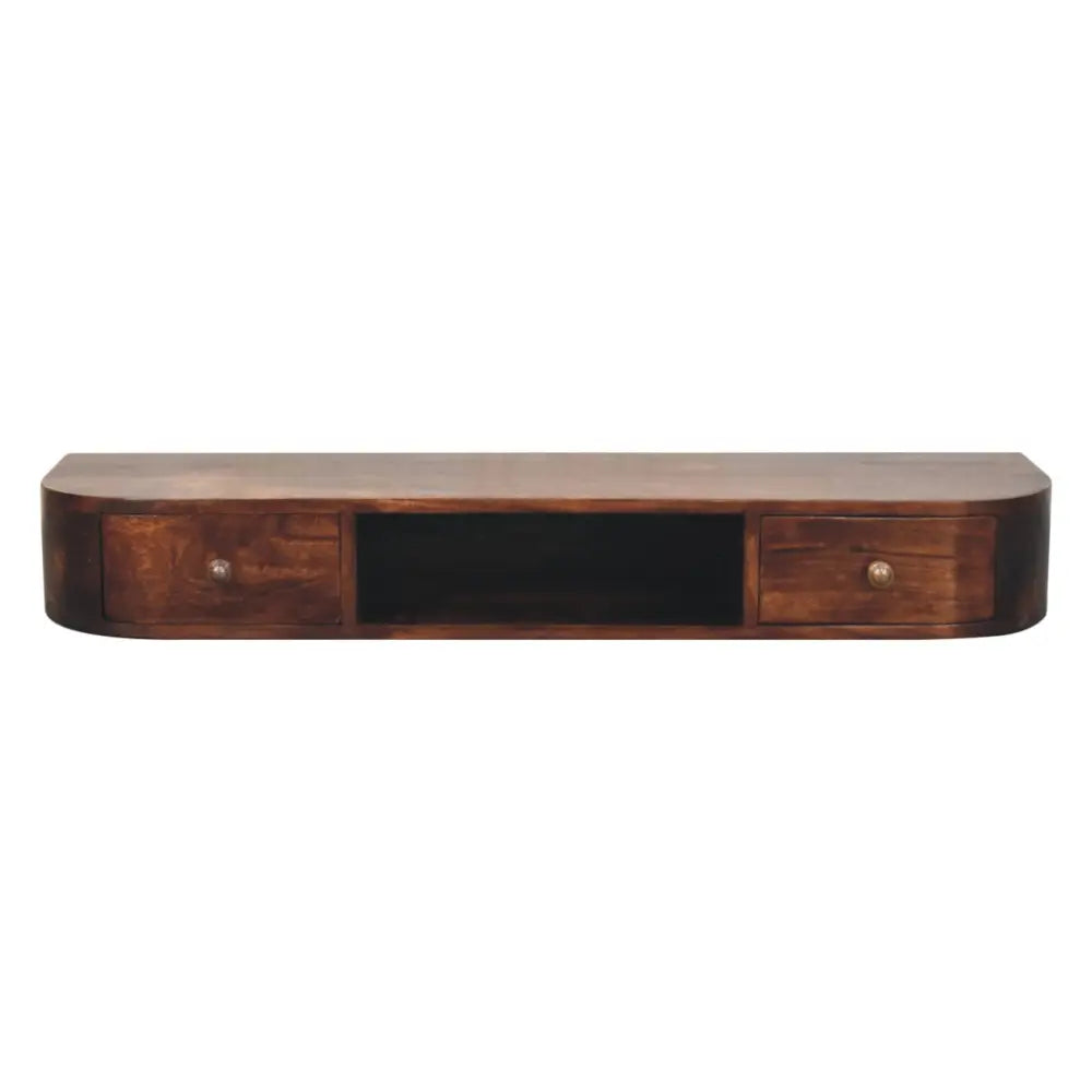 Dark brown wooden lunar 2 drawer wall mounted chestnut console with two drawers and central open shelf