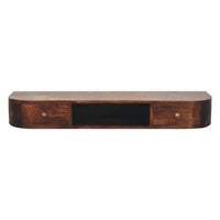 Dark brown wooden lunar 2 drawer wall mounted chestnut console with two drawers and central open shelf
