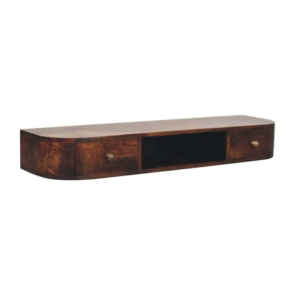 Dark wood lunar wall mounted chestnut console with two drawers, open shelf, rounded edges, and brass knobs