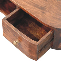 Rich brown wooden drawer with brass knob and curved edges on a lunar 2 drawer wall mounted chestnut console
