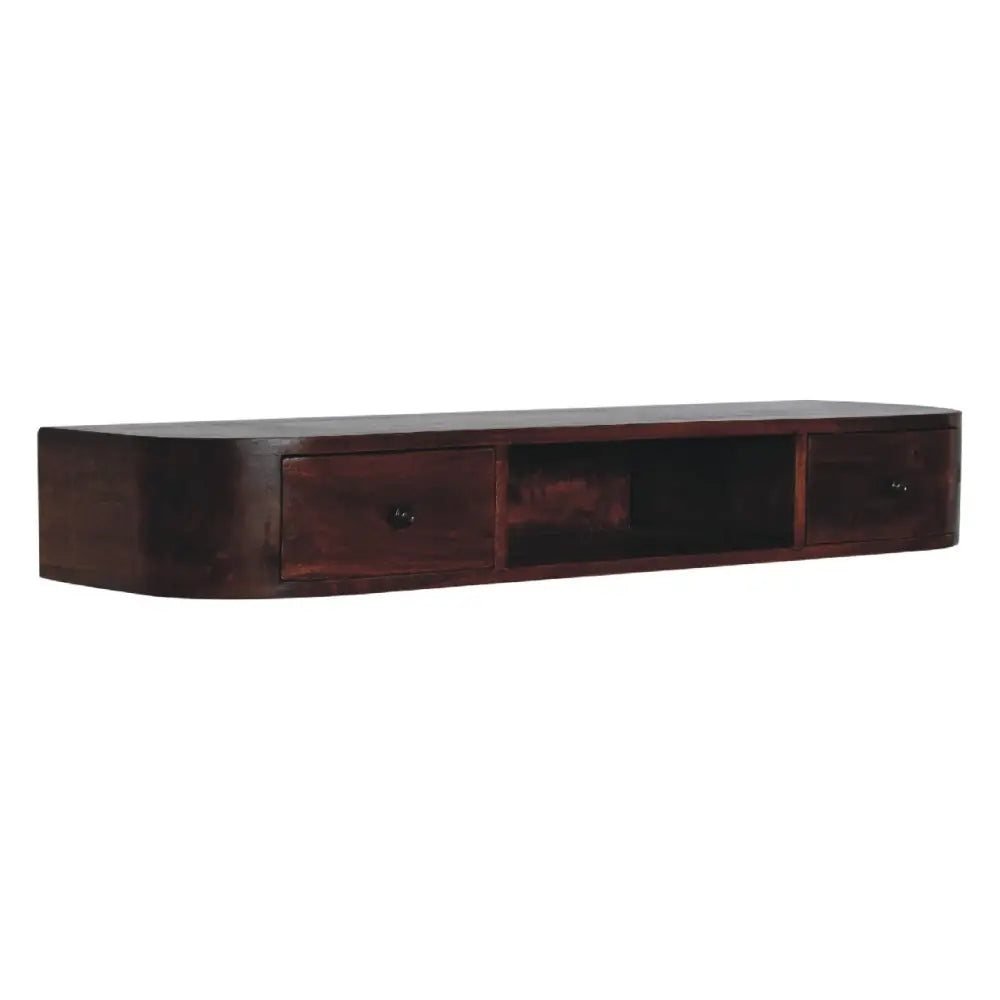 Dark brown wooden lunar 2 drawer wall mounted console with two drawers and open central shelf for media storage