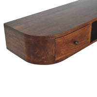 Dark brown wooden lunar 2 drawer wall mounted console with curved edges and a single drawer with metal knob