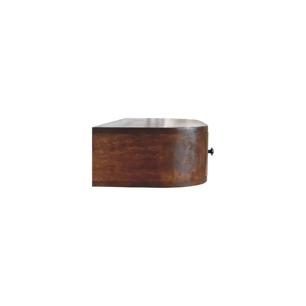 Antique-style wooden lunar 2 drawer wall mounted console with dark brown finish and curved edges