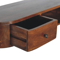 Rich brown wooden lunar 2 drawer wall mounted console with curved top and open drawer featuring dark metal knob