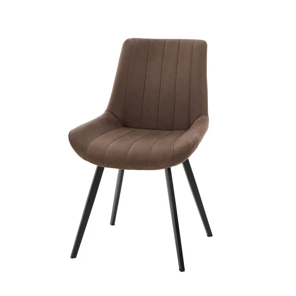 Brown upholstered malmo coffee dining chair with tufted back and seat and sleek black metal legs dining chair