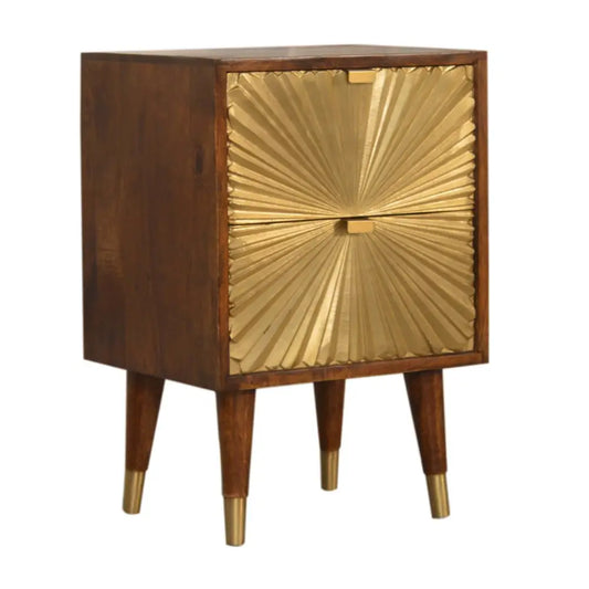 Mid-century modern manila gold bedside nightstand with dark wood frame and sunburst gold bedside drawer panels