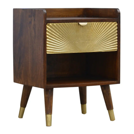 Mid-century modern manila gold drawer bedside with dark wood frame gold sunburst drawer and brass leg accents opulent furniture